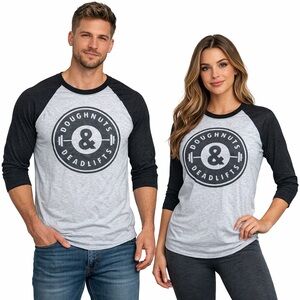 Doughnuts & Deadlifts Raglan‎ Tee Large Gray Black 3/4 Sleeve Gym Pump Cover